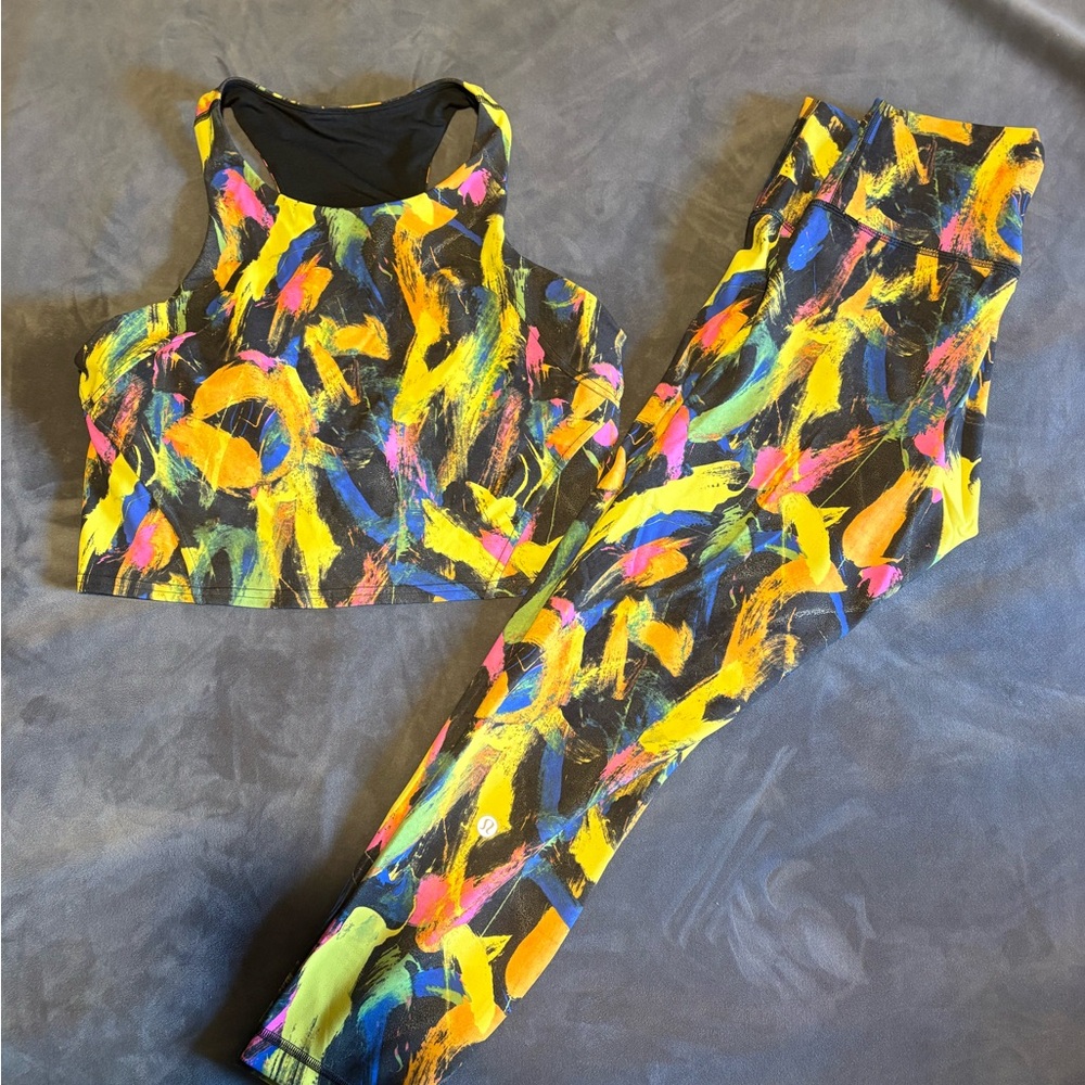 Women's High-Waist Leggings & Cropped Sports Bra Set - Black Multi Paint Print